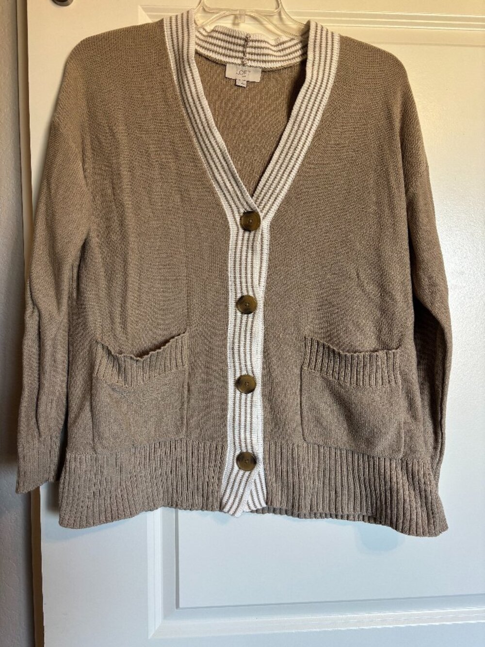 LOFT Outlet Tan V-Neck Cardigan Sweater Striped Trim Large